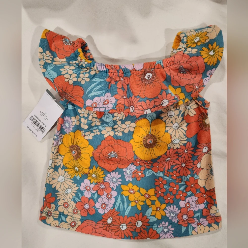Carter's Girl's 2-Piece Orange Floral Yoke-Neck Top & Chambray Short Set 3M NWT - Picture 5 of 8
